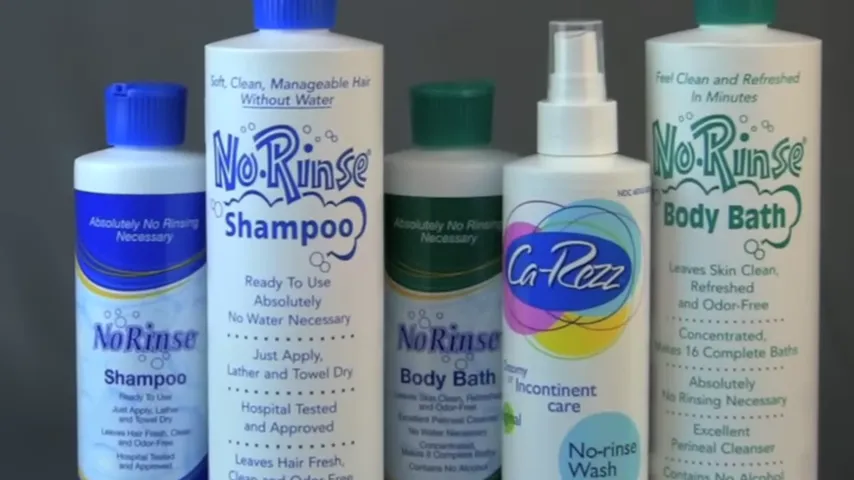 Assorted no-rinse shampoo and body bath products on display