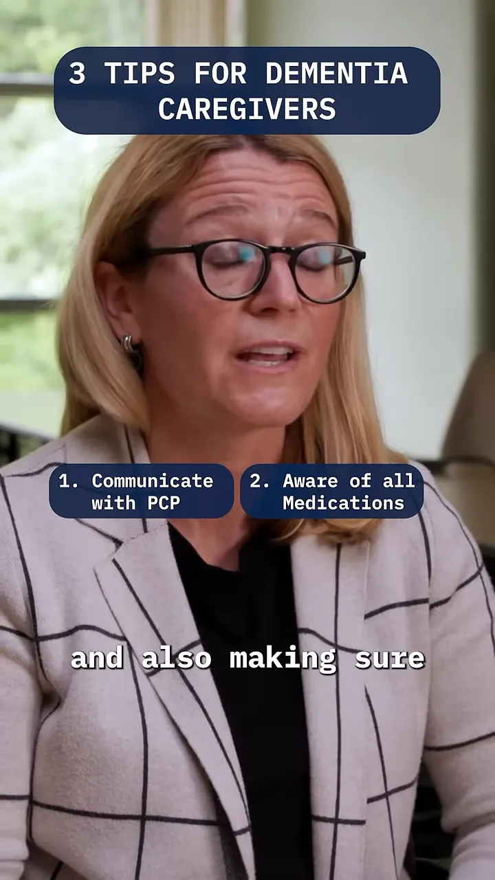 On-screen text listing three tips for dementia caregivers with support your self highlighted