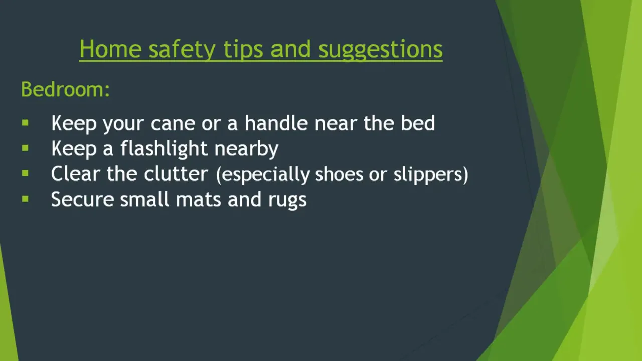 slide titled Home safety tips and suggestions with bedroom tips including cane near bed flashlight clutter and secure mats and rugs