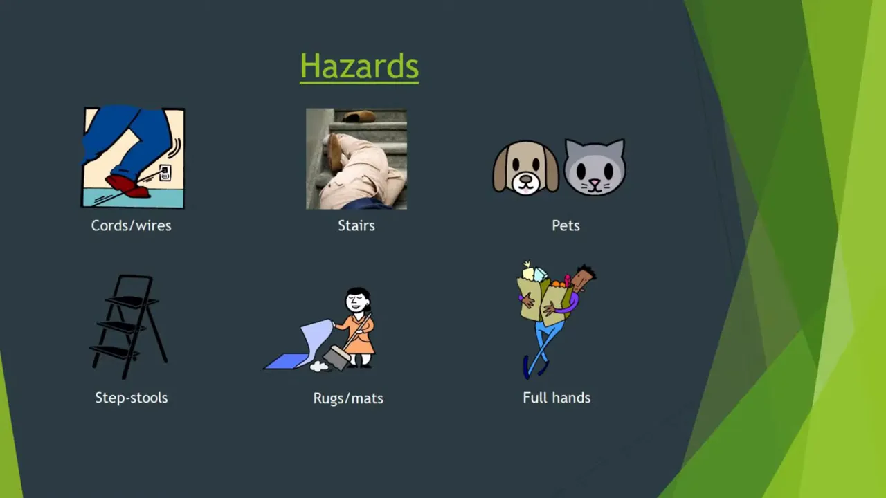slide titled Hazards showing loose carpets, trash, pets, step stool, rugs mats, and fall hazards