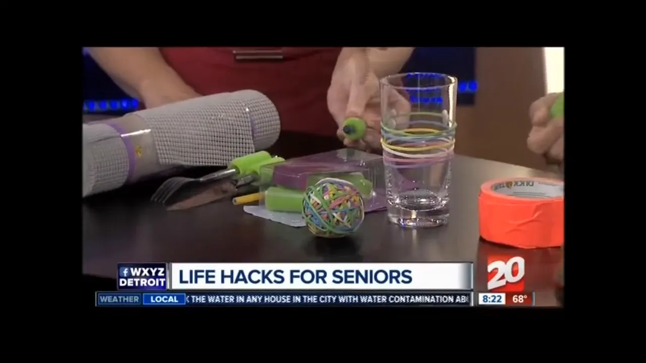 hands demonstrating foam roller covers and small household items on table beside a glass