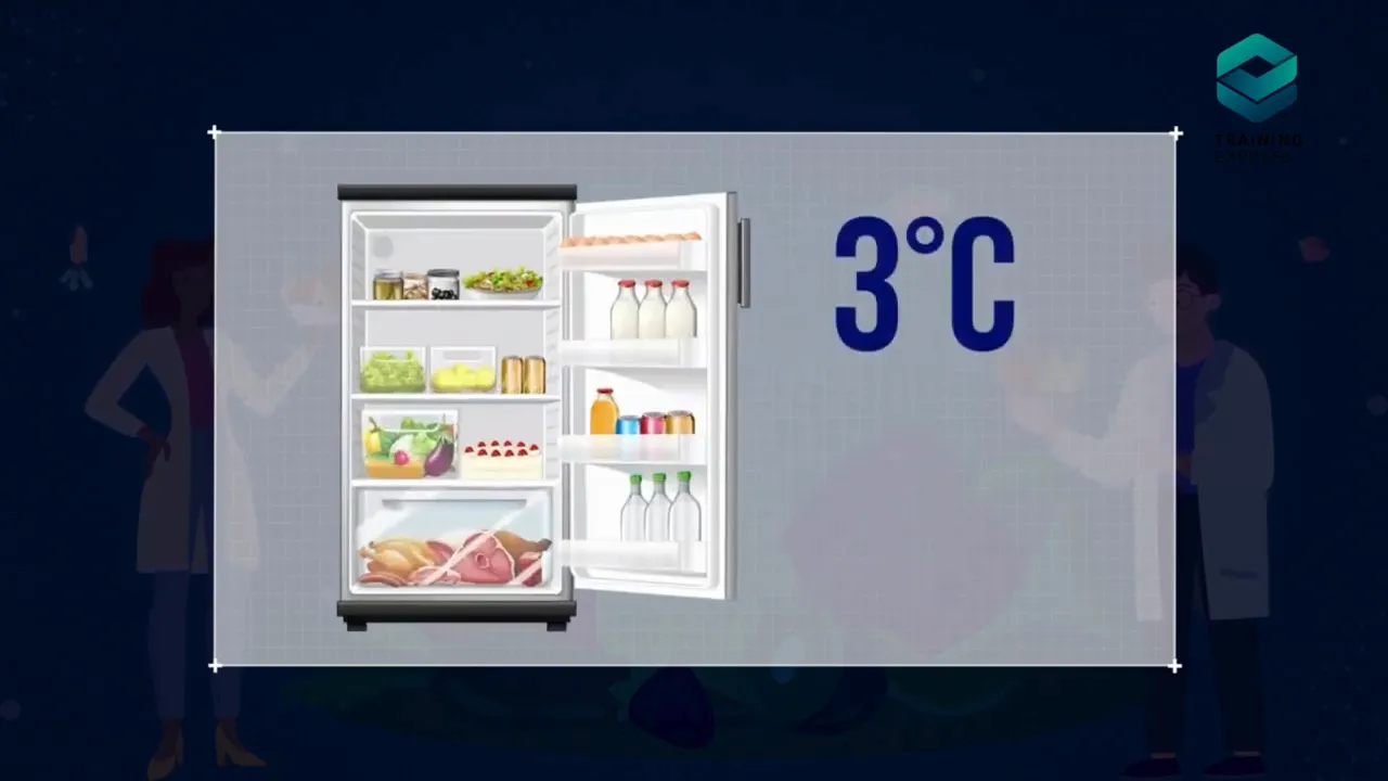 Open refrigerator graphic with large 3 degrees Celsius and 4 degrees Celsius text