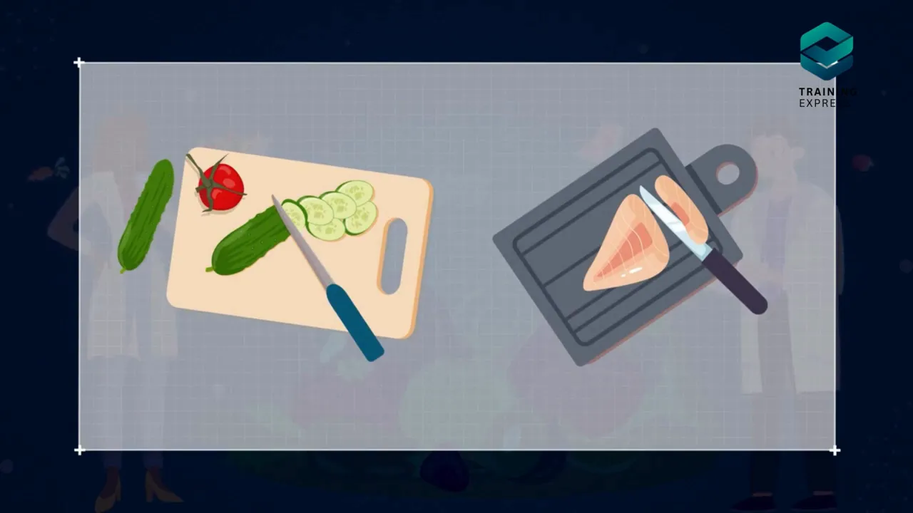 Illustration of vegetables on a chopping board beside raw chicken on a separate board