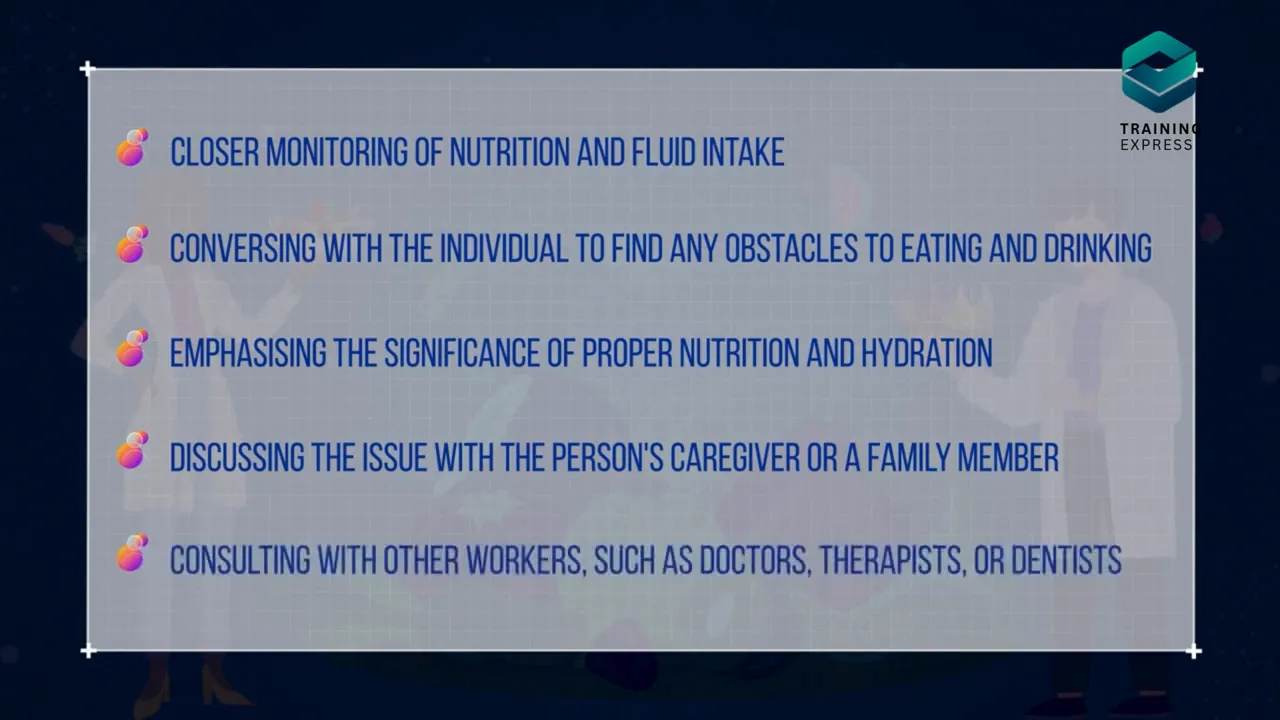 Slide listing actions such as close monitoring conversation family discussion and consulting other workers