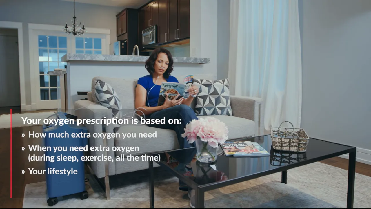 Living room scene with on-screen list explaining factors used for an oxygen prescription