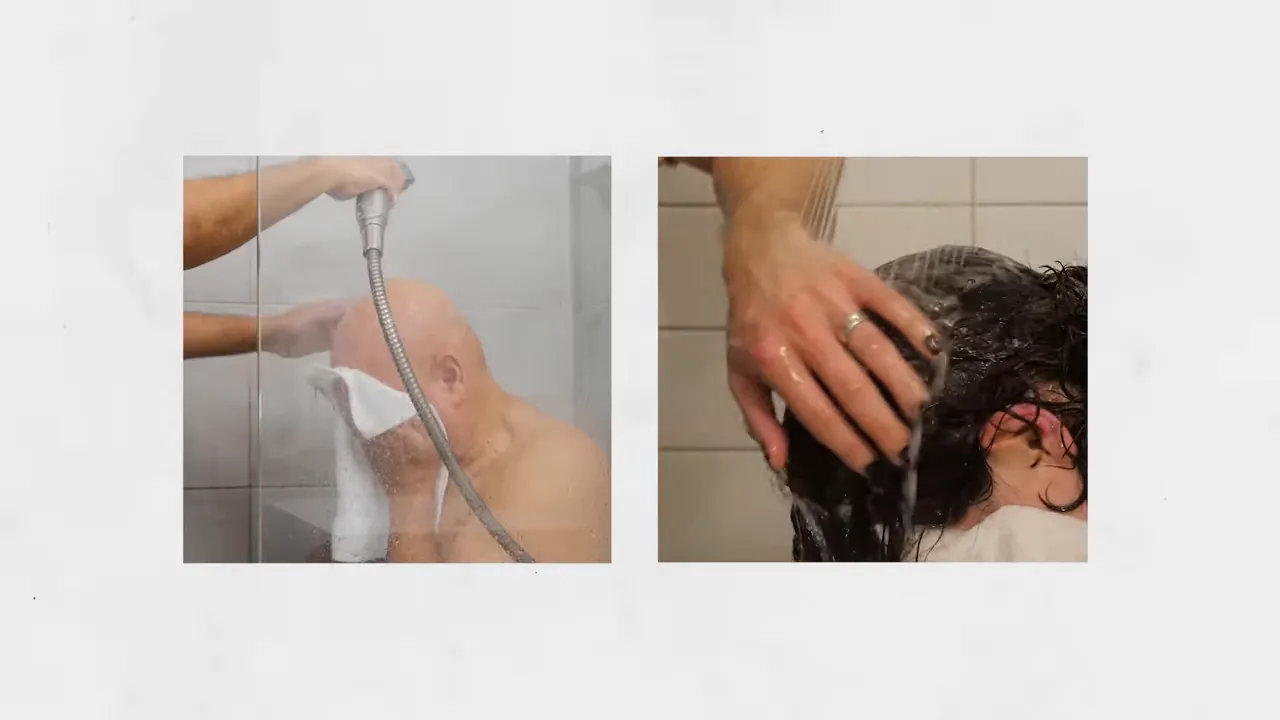split screen showing hair being rinsed and shampoo being worked through wet hair