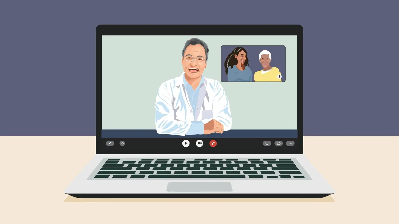 Laptop showing a doctor on a video call with a small inset of two people joining remotely