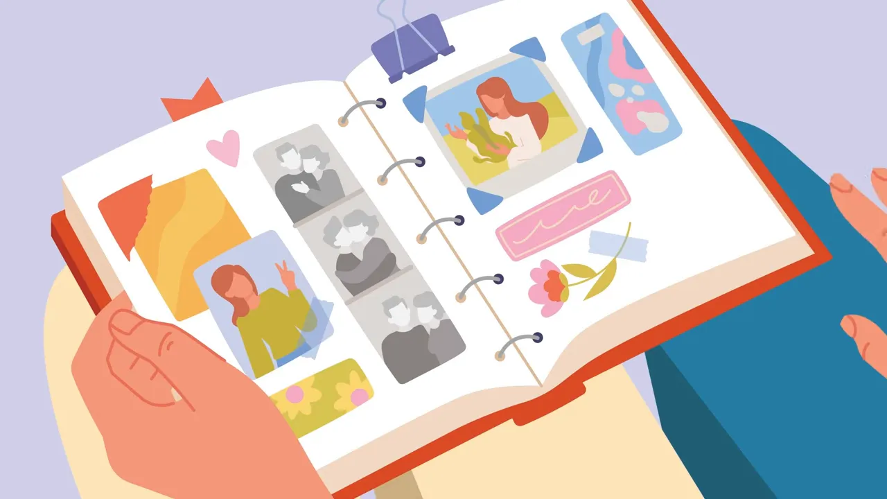 Open photo album with family pictures and hands pointing at images on the pages