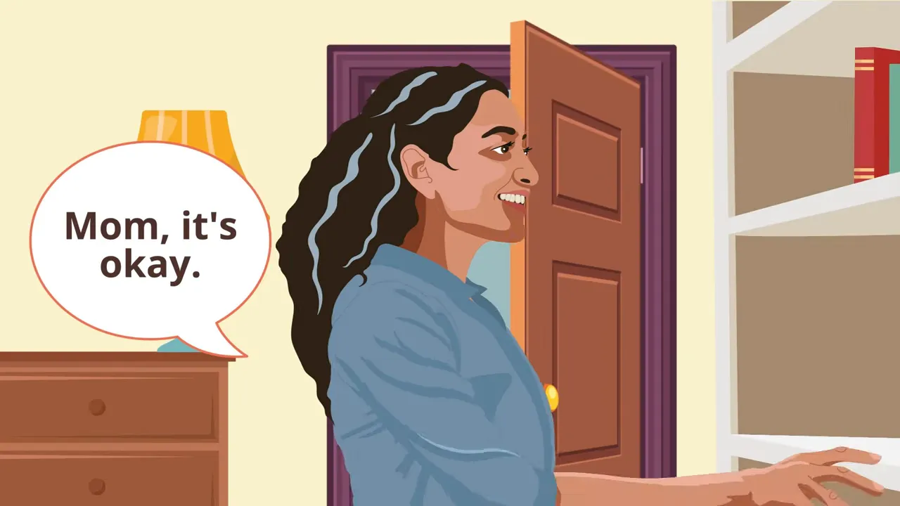 Caregiver reaching to a bookcase to retrieve a red book while speaking to an older woman in a bedroom