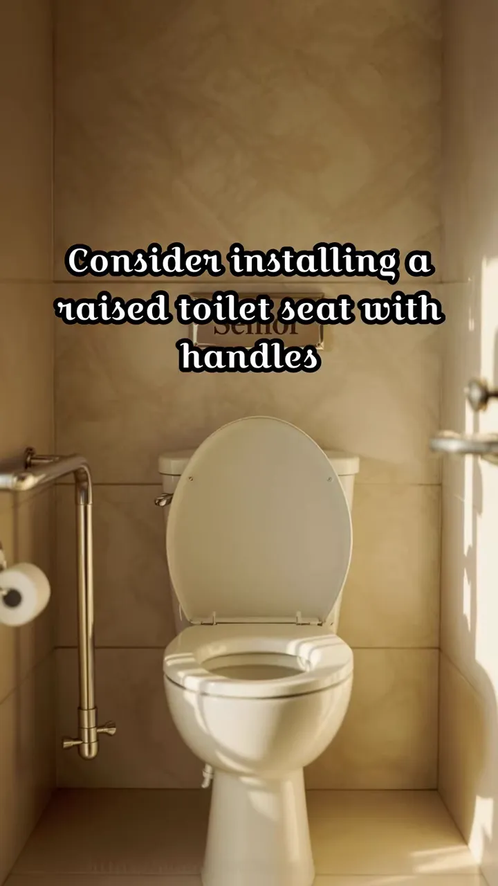 toilet centered between side support rails in a tiled bathroom