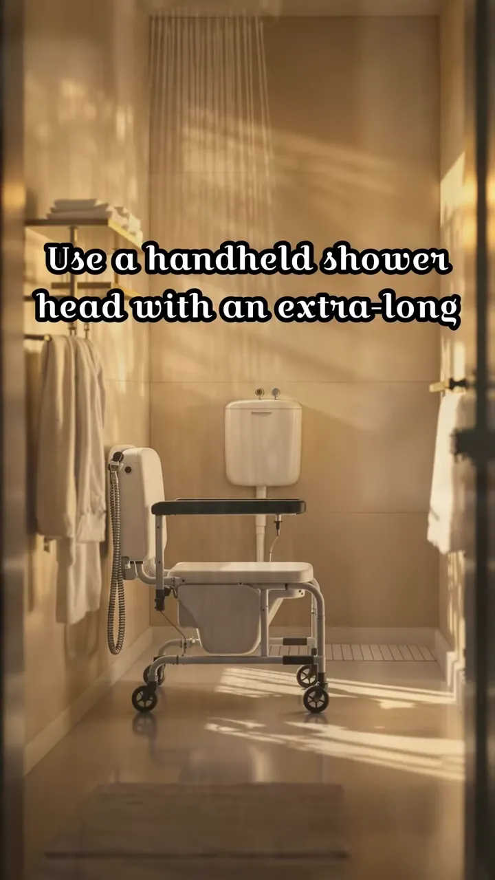bathroom with shower chair positioned in front of toilet and handheld shower hose nearby