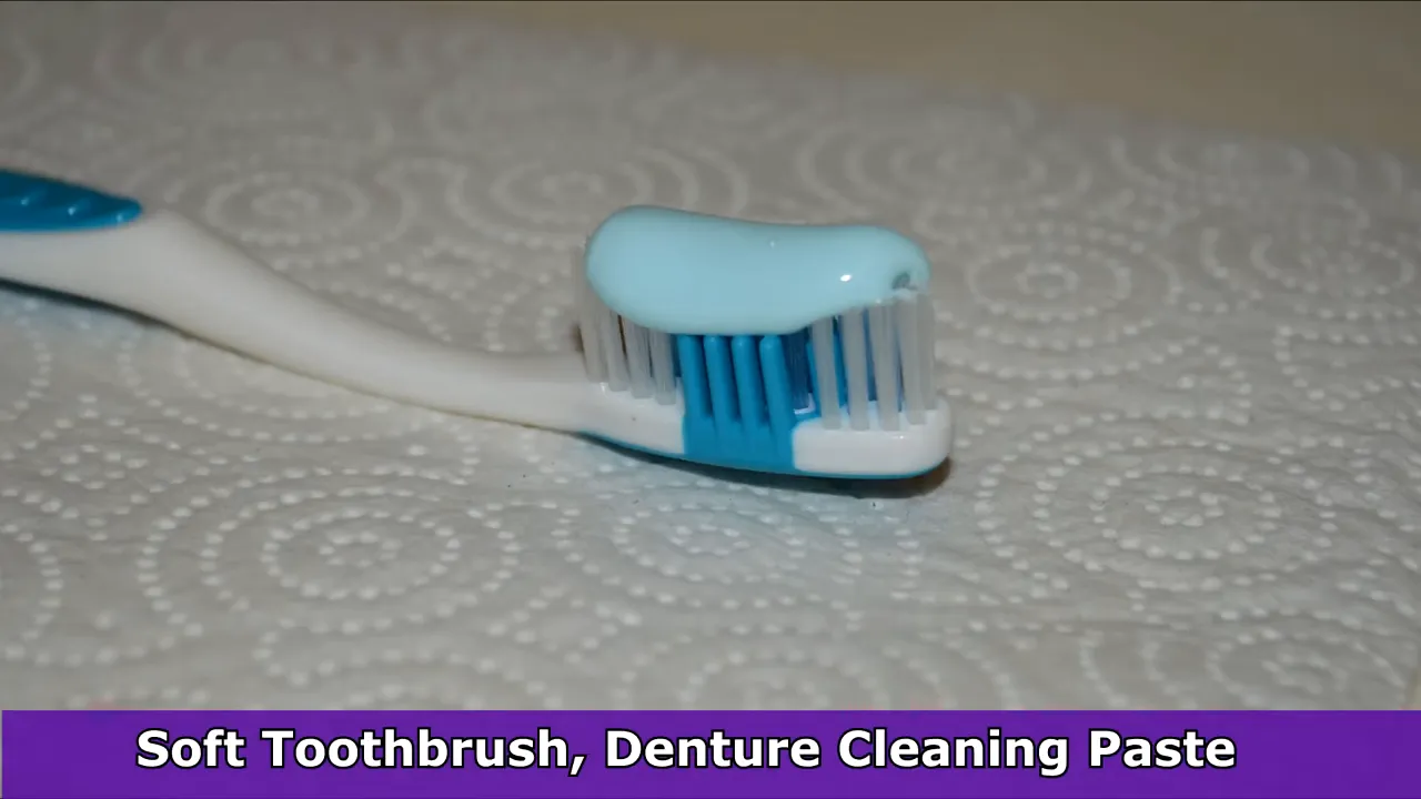 Soft toothbrush with blue denture cleaning paste on the bristles