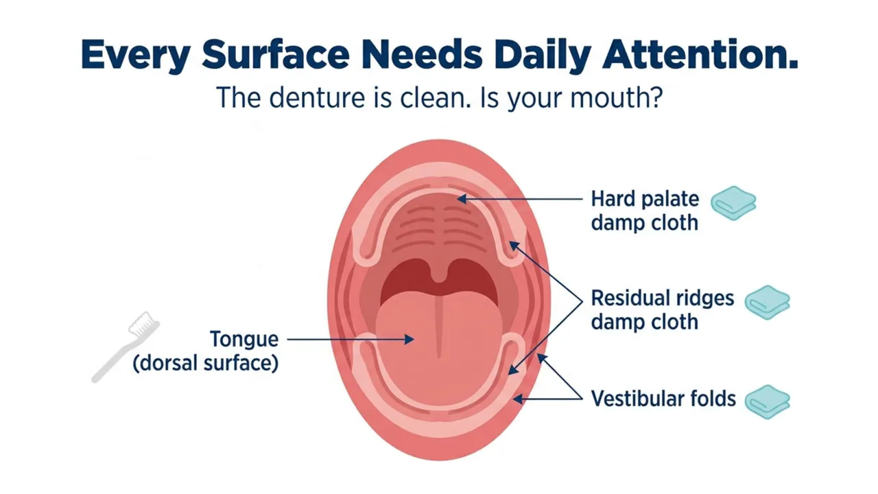 Diagram of open mouth labeled tongue hard palate residual ridges and vestibular folds with note that every surface needs daily attention