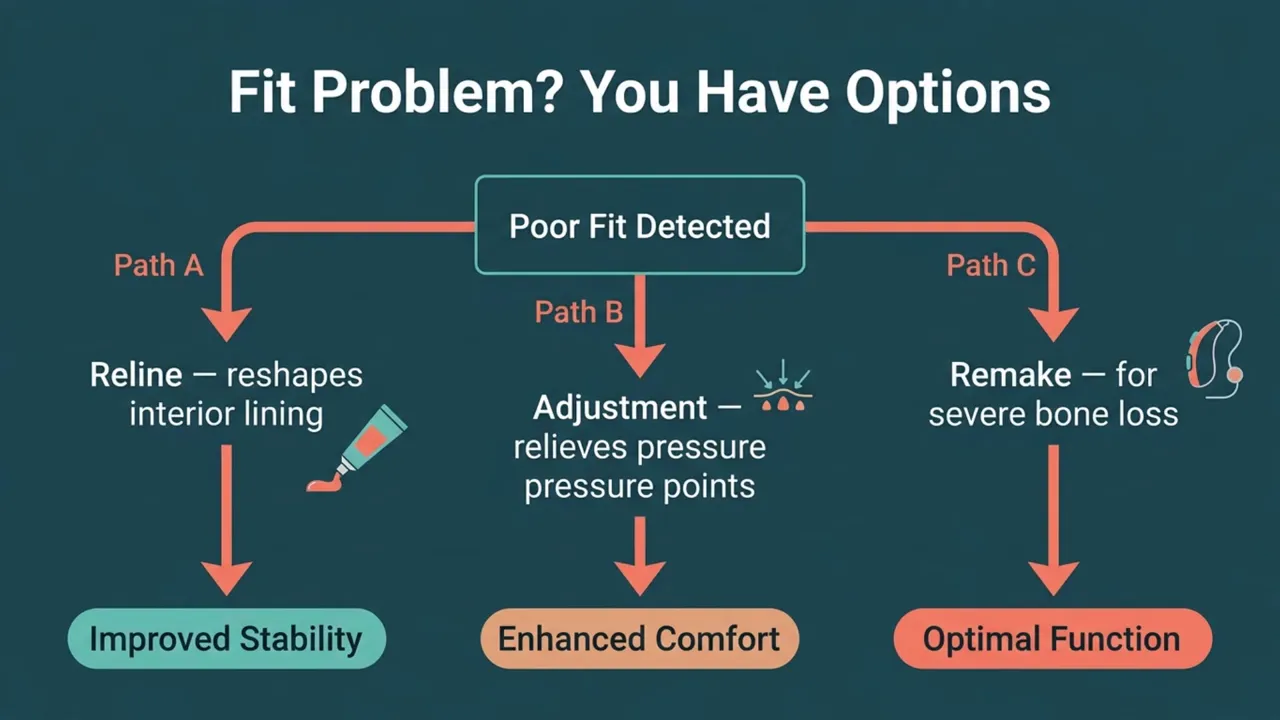 Flowchart titled fit problem you have options showing reline adjustment and remake as paths after poor fit detected