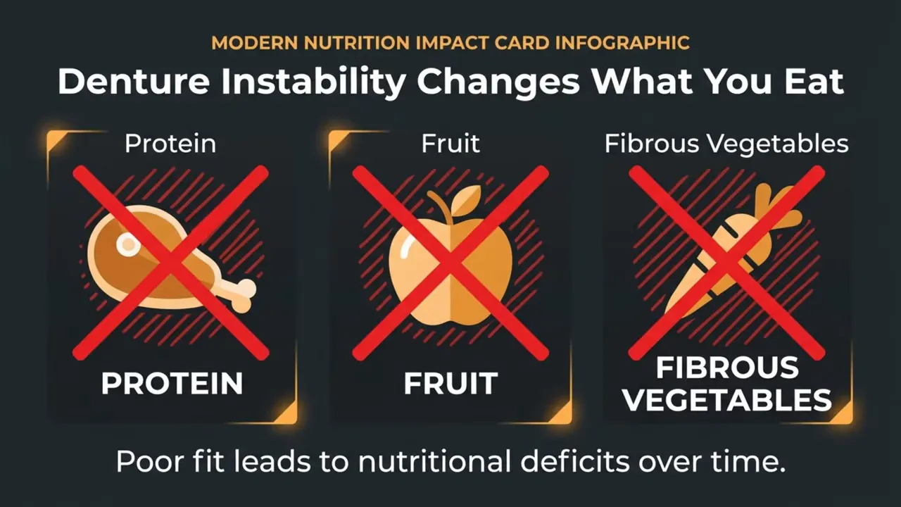 Graphic showing protein fruit and fibrous vegetables crossed out with note that denture instability changes what you eat