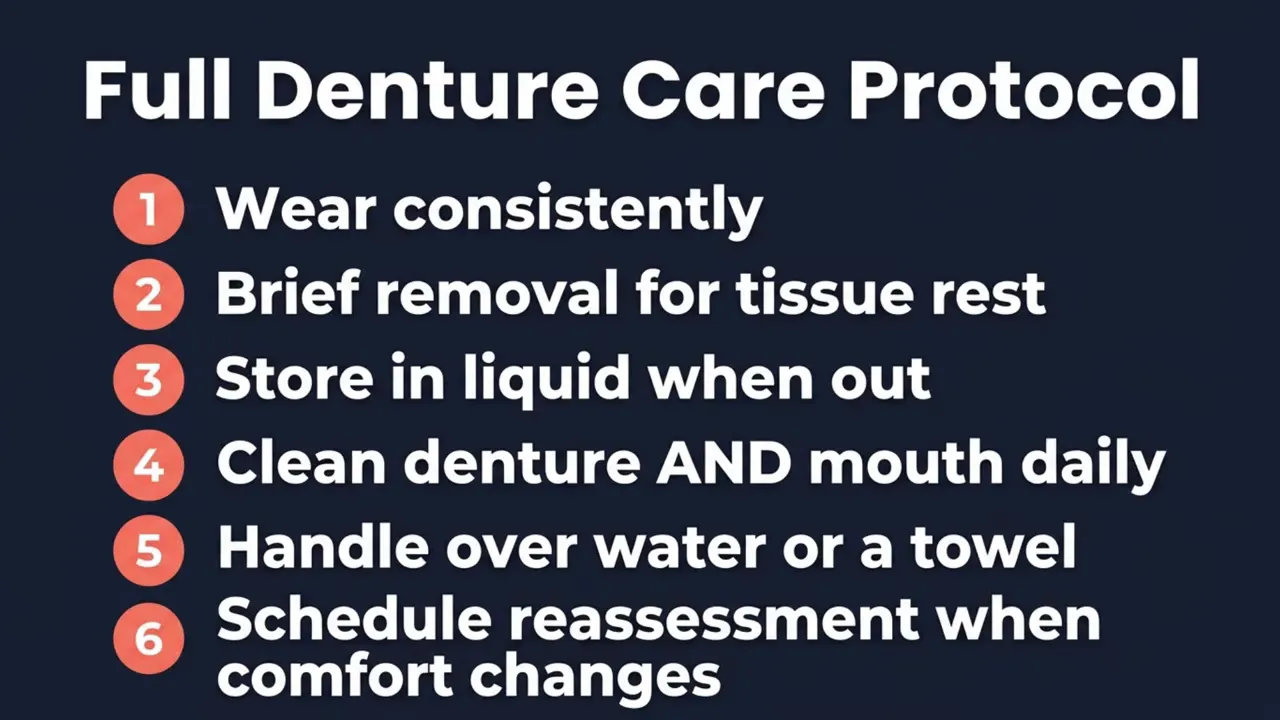 Checklist titled full denture care protocol listing wear consistently brief removal store in liquid clean denture and mouth handle over water or towel and schedule reassessment