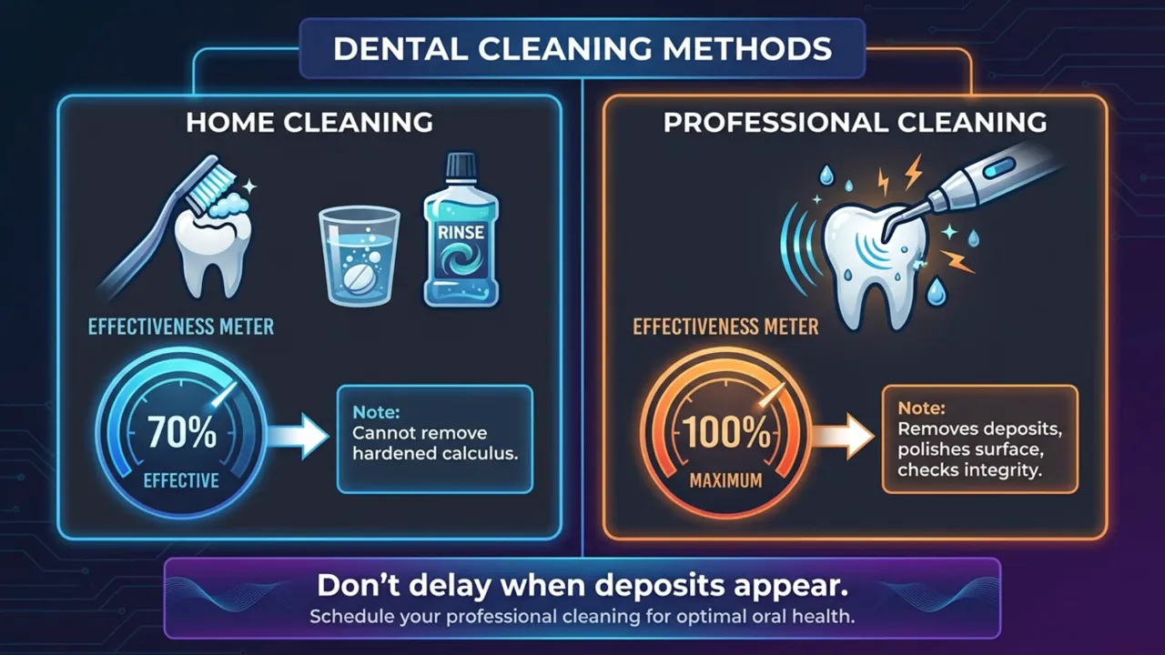 Comparison chart of home cleaning methods versus professional cleaning with note not to delay when deposits appear