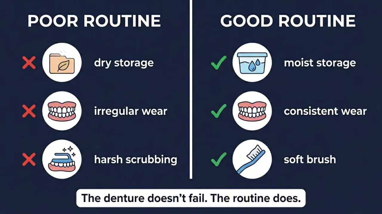 Comparison graphic showing poor routine with dry storage irregular wear harsh scrubbing and good routine with moist storage consistent wear and soft brush
