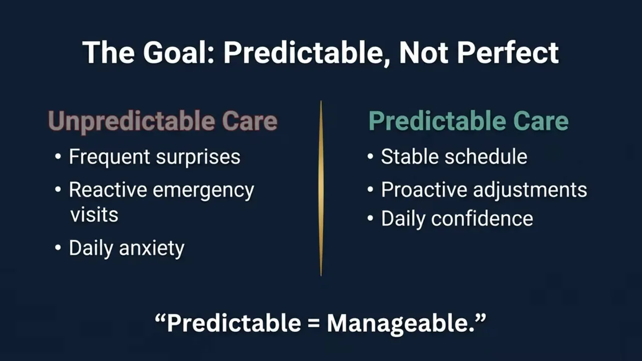 Slide titled the goal predictable not perfect comparing unpredictable care with predictable care and note predictable equals manageable