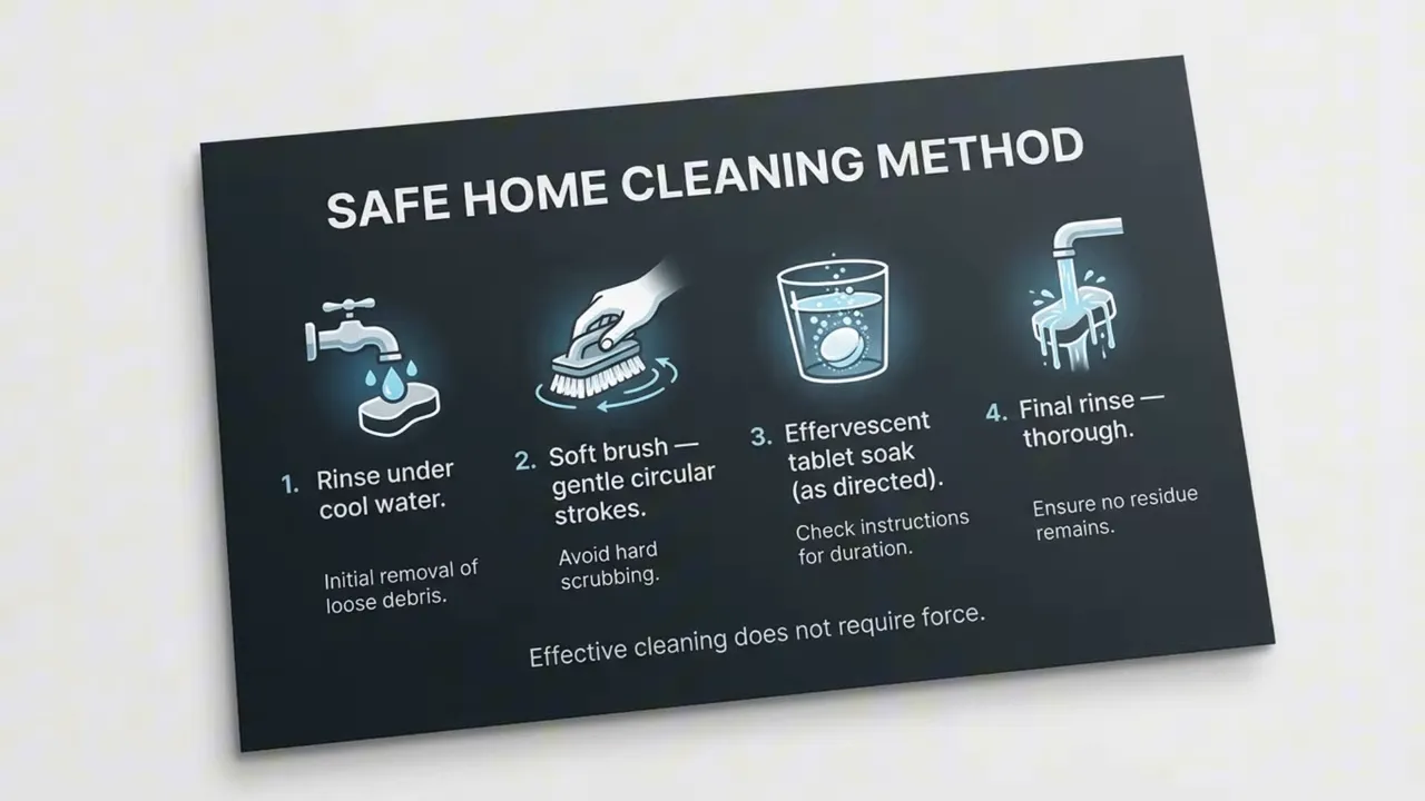 Safe home cleaning method chart showing soak tablet soft brush effervescent denture cleaner and final rinse under water