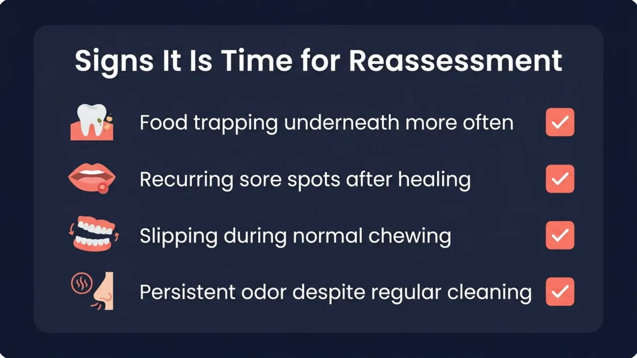 Checklist slide titled signs it is time for reassessment listing food trapping recurring sore spots slipping during chewing and persistent odor