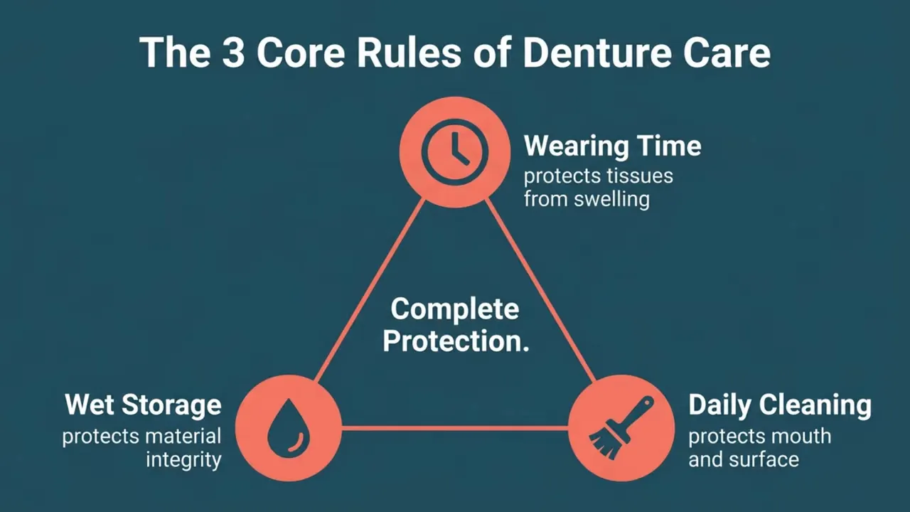 Diagram titled the 3 core rules of denture care with wearing time wet storage and daily cleaning connected as complete protection