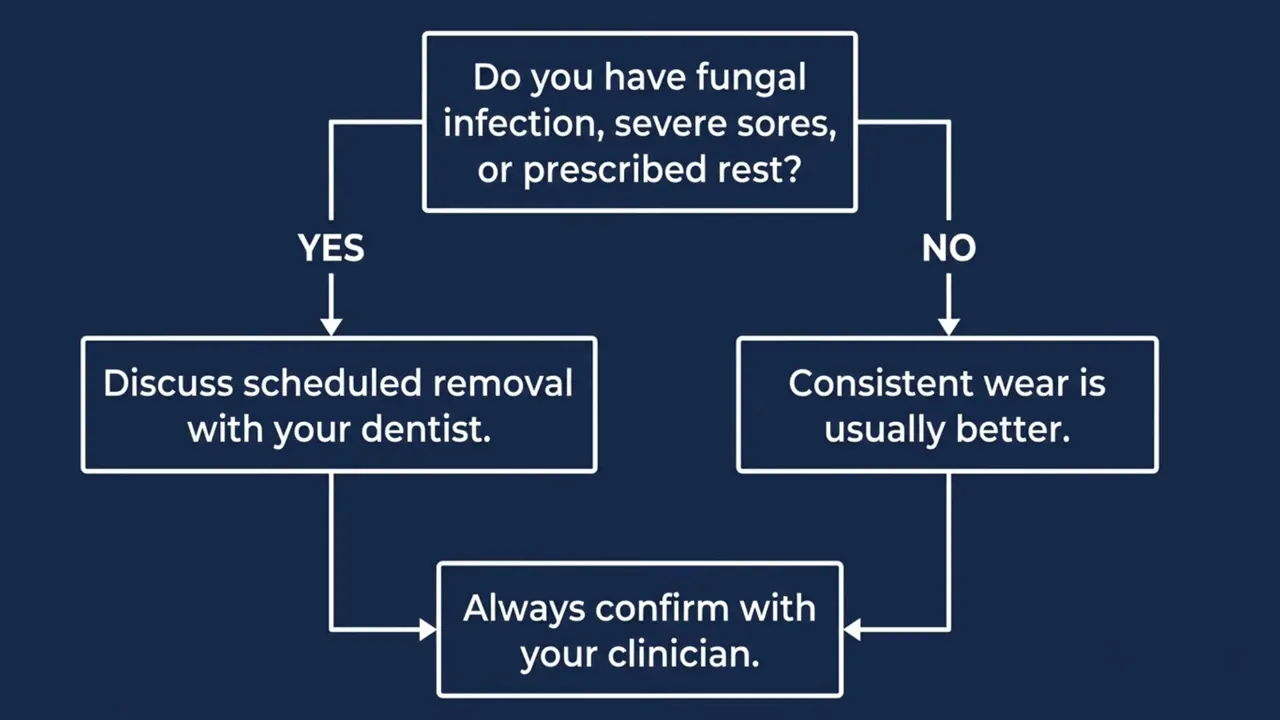 Flowchart asking about fungal infection severe sores or prescribed rest with branches for discuss scheduled removal with your dentist or consistent wear usually better