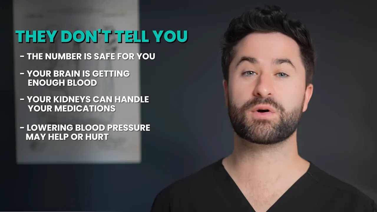 On-screen list showing factors a blood pressure number does not reveal, including safety, brain blood flow, kidney tolerance, and whether lowering helps or hurts