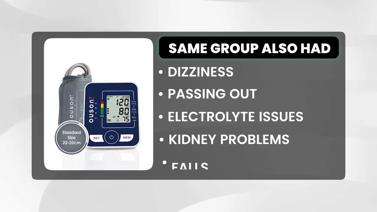 Slide listing side effects in the lower blood pressure target group, including dizziness, passing out, electrolyte issues, kidney problems, and falls