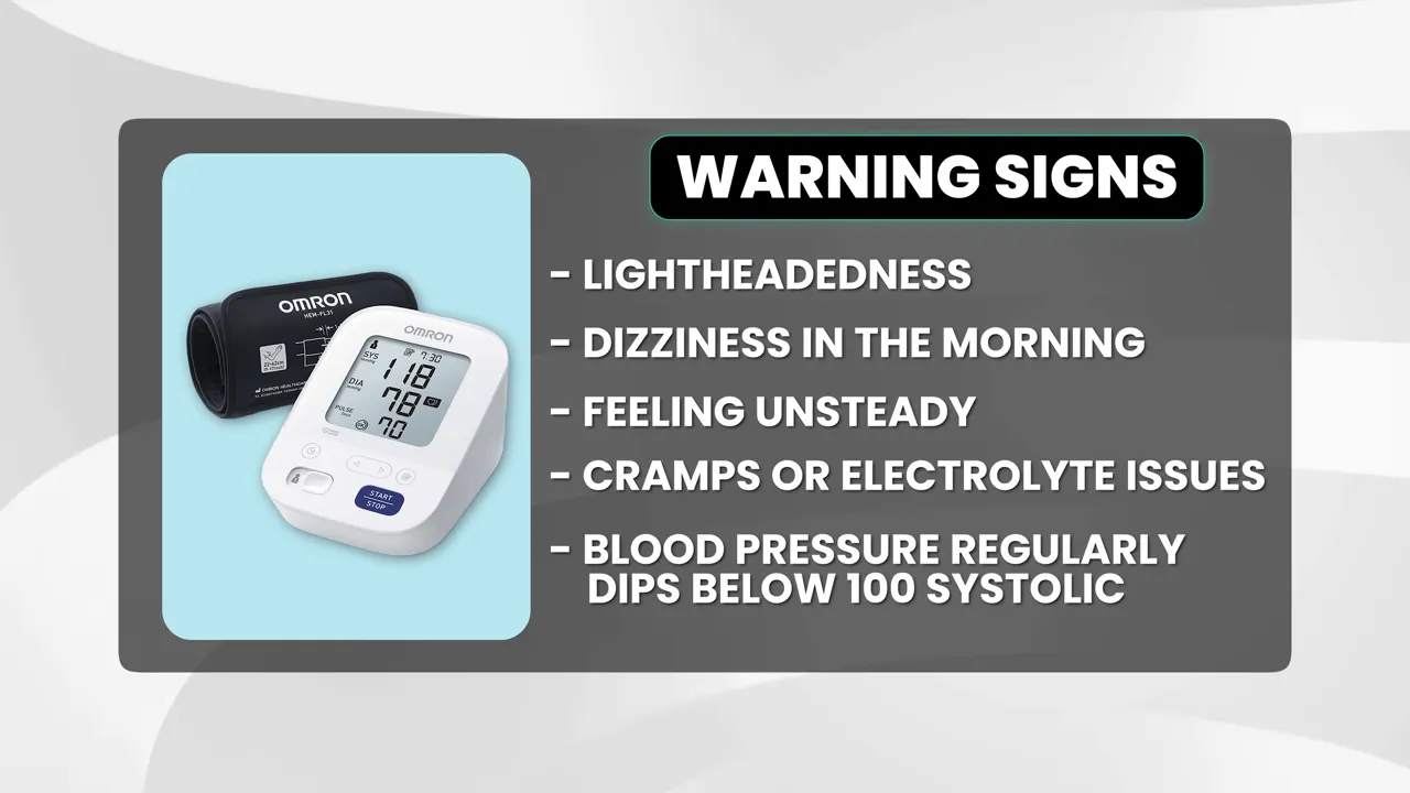 Slide titled warning signs listing lightheadedness, dizziness in the morning, feeling unsteady, cramps or electrolyte issues, and blood pressure dipping below 100 systolic