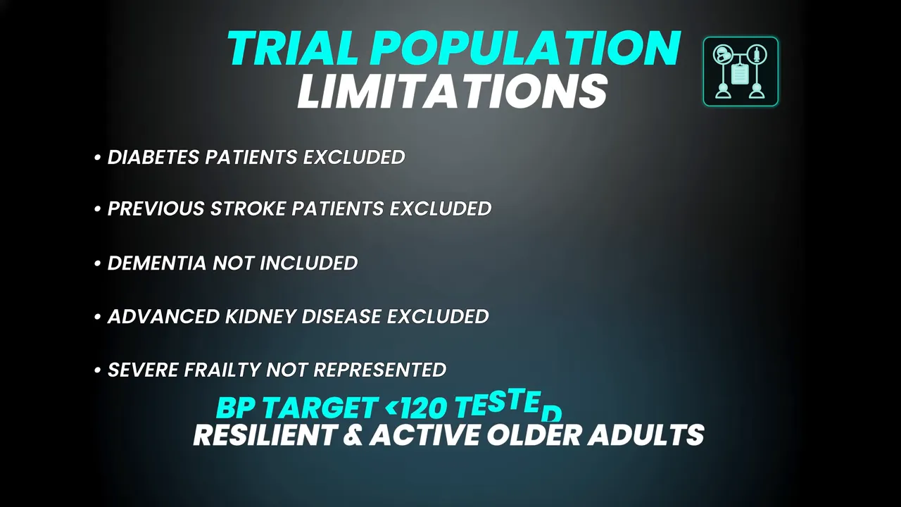 Slide titled trial population limitations listing excluded groups such as diabetes, previous stroke, dementia, advanced kidney disease, and severe frailty