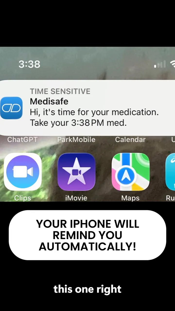 iPhone home screen with a Medisafe time sensitive notification reminding about medication at 3:38 PM