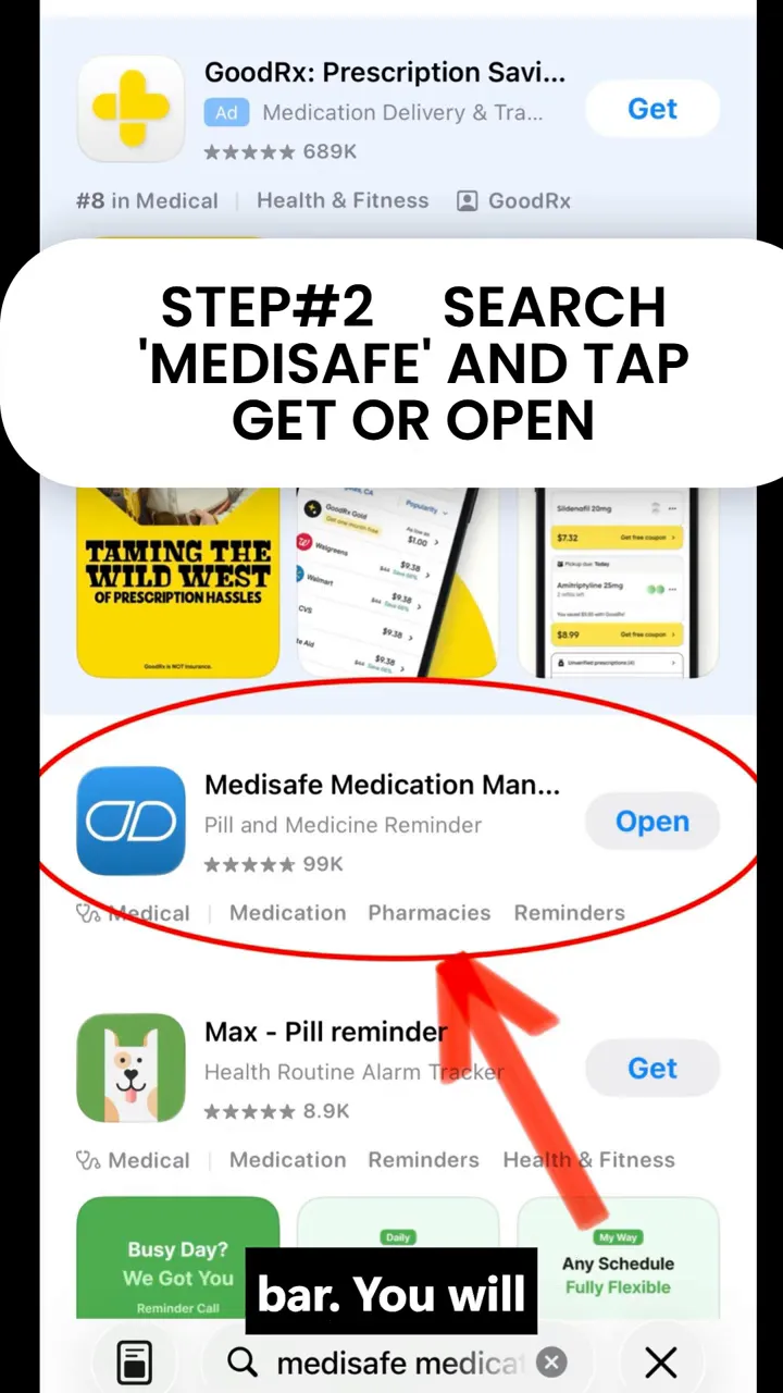 App Store search results showing the Medisafe app listing and open button
