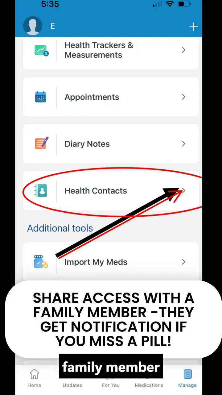 Medisafe manage screen highlighting the health contacts option for sharing access with a family member