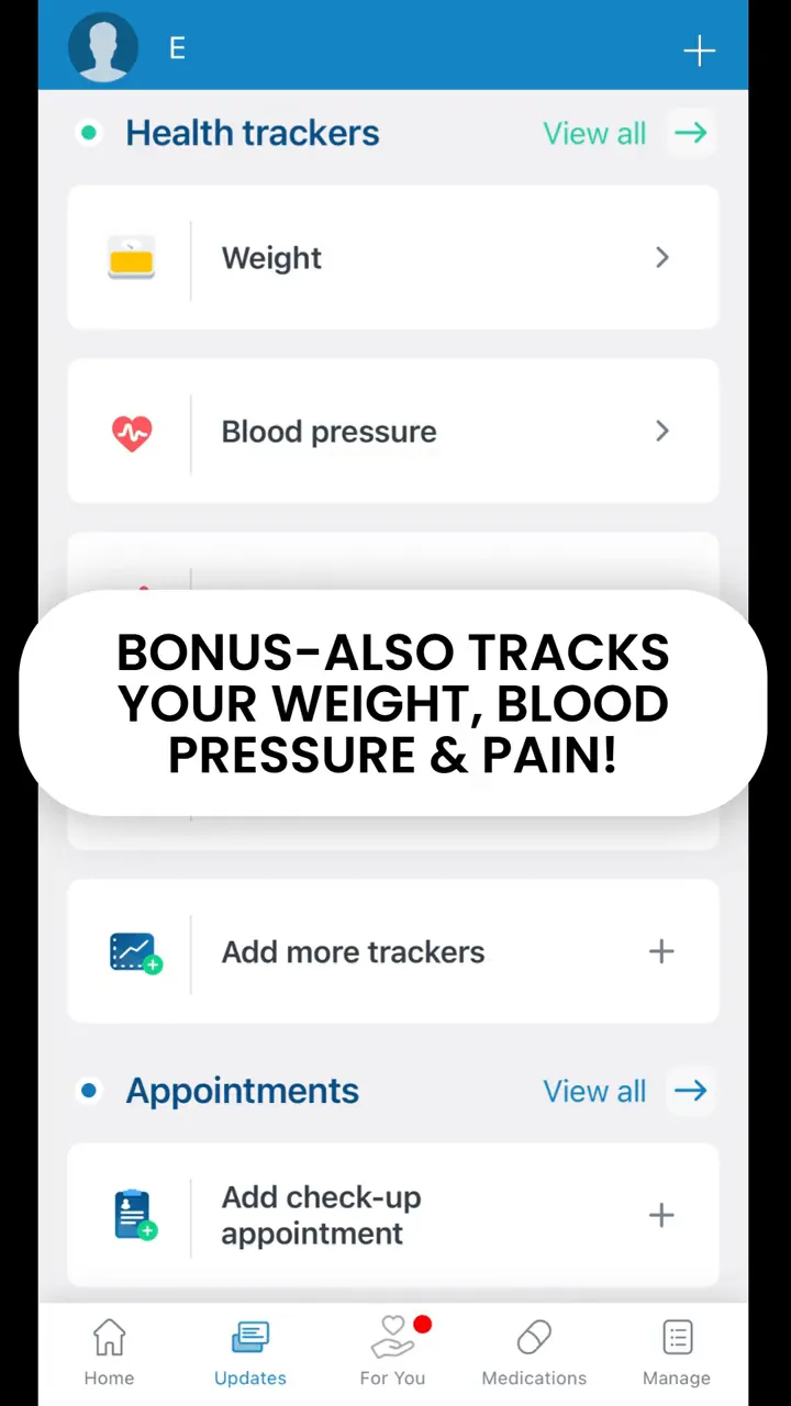 Medisafe health trackers screen showing weight blood pressure and add more trackers options