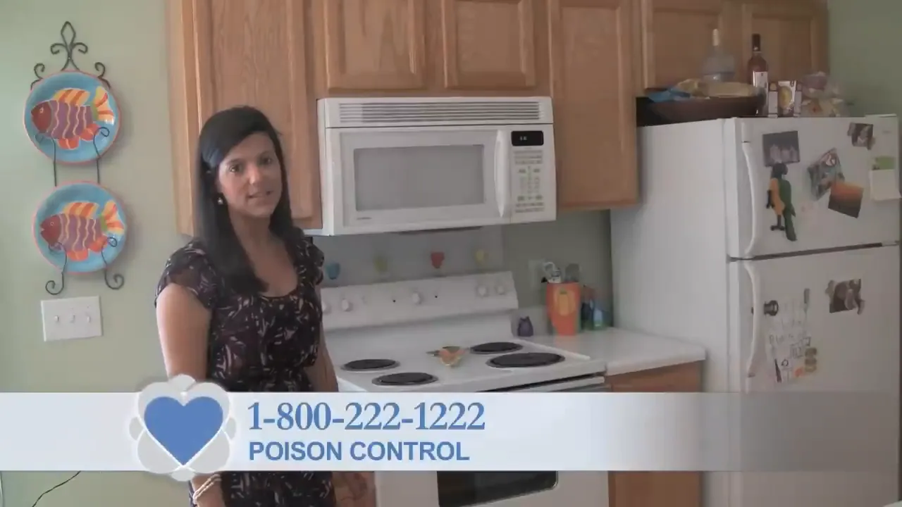 text overlay showing 1-800-222-1222 poison control in a kitchen scene