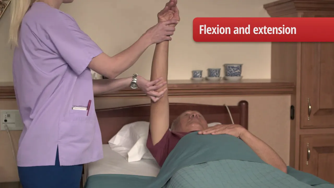 Caregiver lifting arm upward with label flexion and extension
