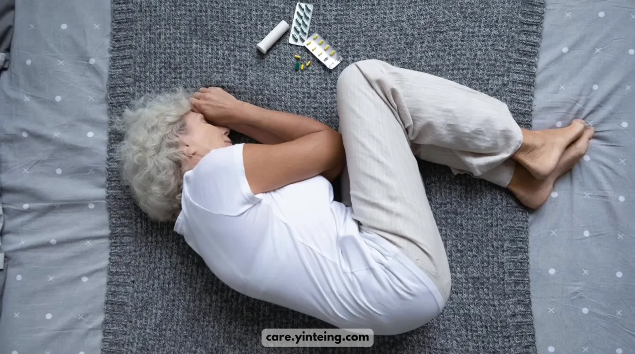 elderly person curled on a mat in a fetal position