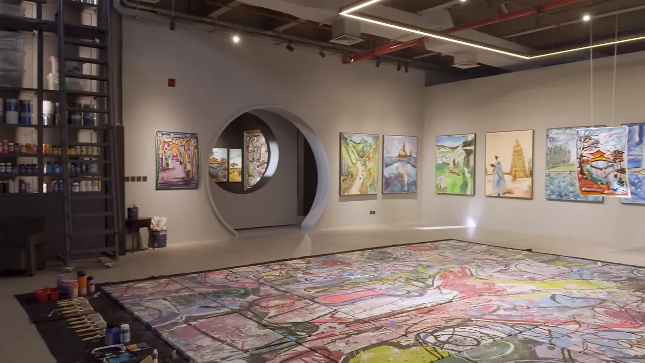 Wide view of a gallery-like studio showing a large abstract painting laid out on the floor, framed works on the walls and shelving with supplies.