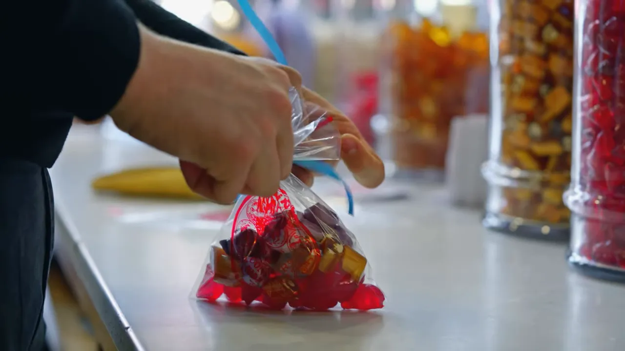 Hands tying a small plastic bag of mixed hard candies on a counter with jars blurred in the background