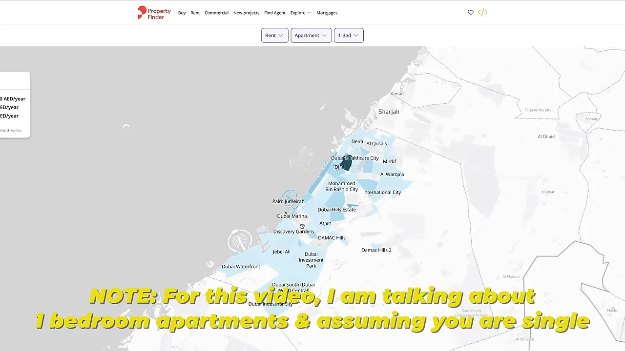 Property Finder map of Dubai with highlighted neighbourhoods and a note about 1 bedroom apartments
