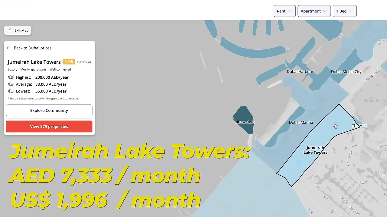 Highlighted map of Jumeirah Lake Towers showing AED 7,333/month rental estimate