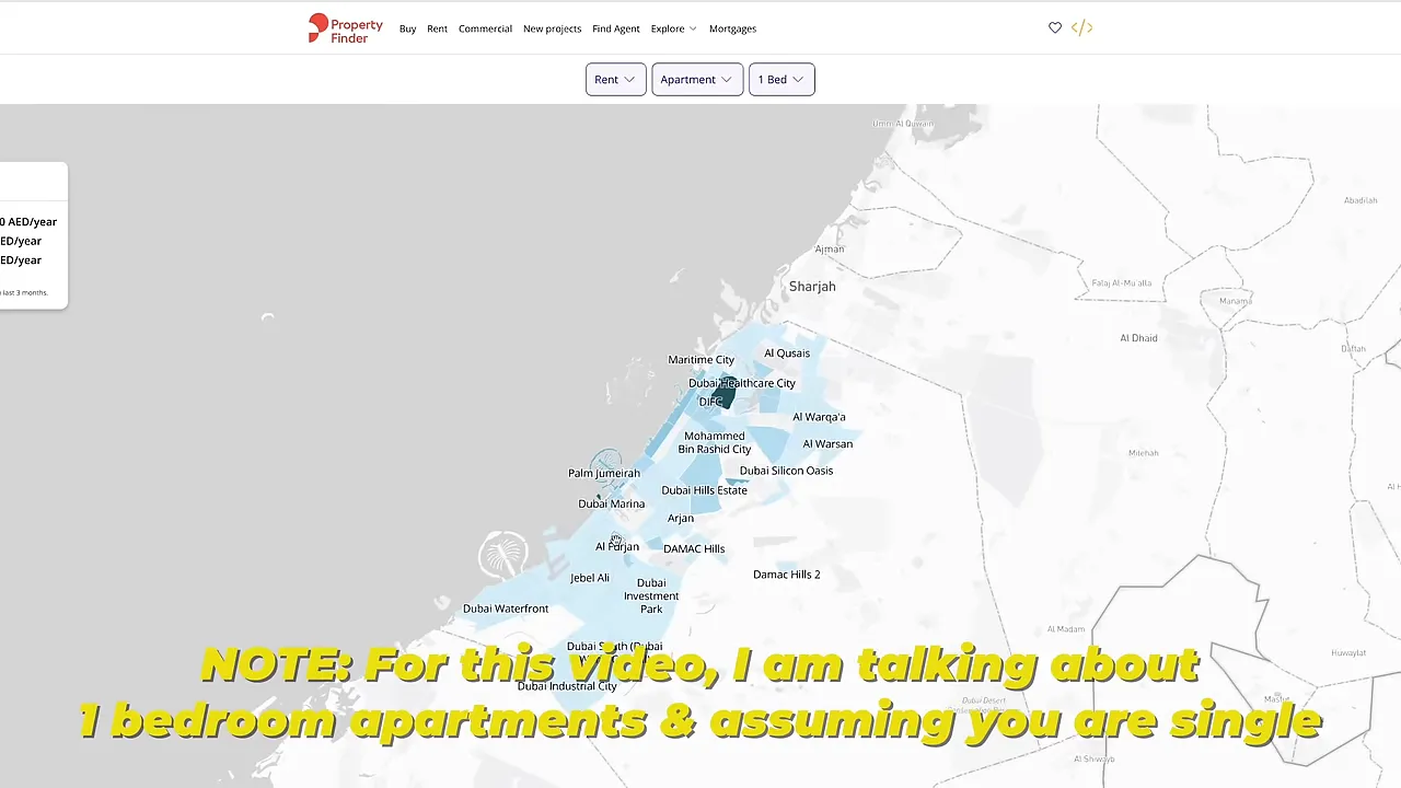 Map of Dubai with highlighted neighborhoods and labels like Dubai Marina and Palm Jumeirah
