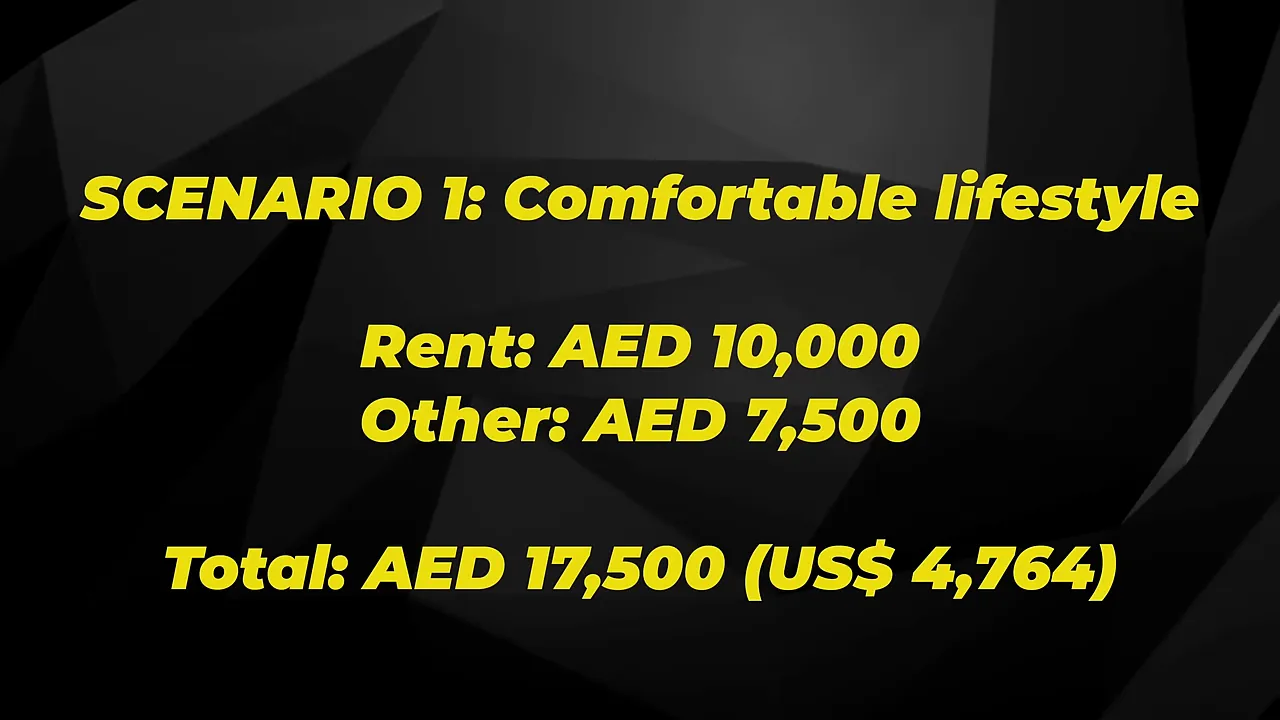 Slide showing Scenario 1 comfortable lifestyle &mdash; Rent AED 10,000; Other AED 7,500; Total AED 17,500