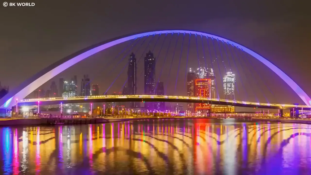 Illuminated curved bridge over water with colorful city lights reflected at night
