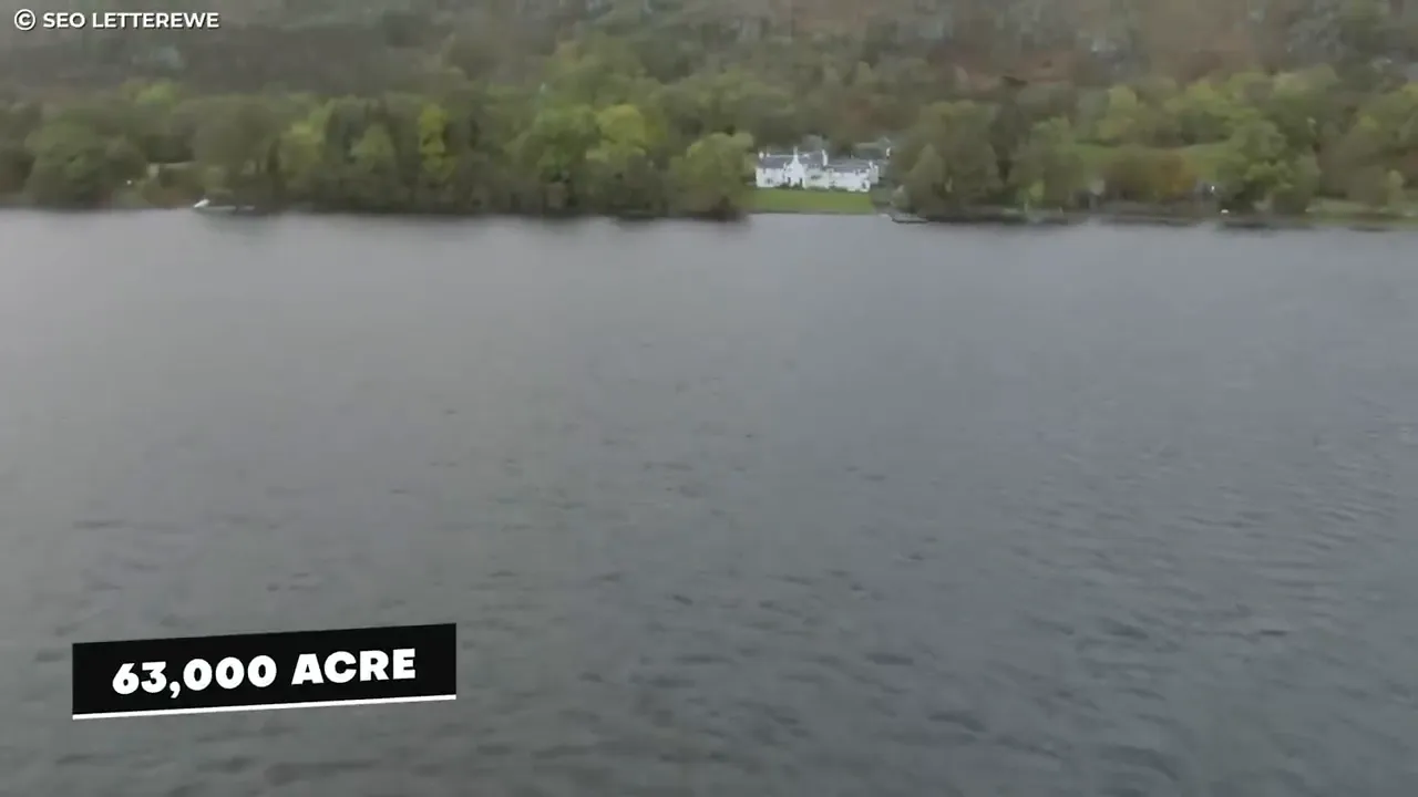 view across a loch to a distant estate with on-screen text '63,000 ACRE'