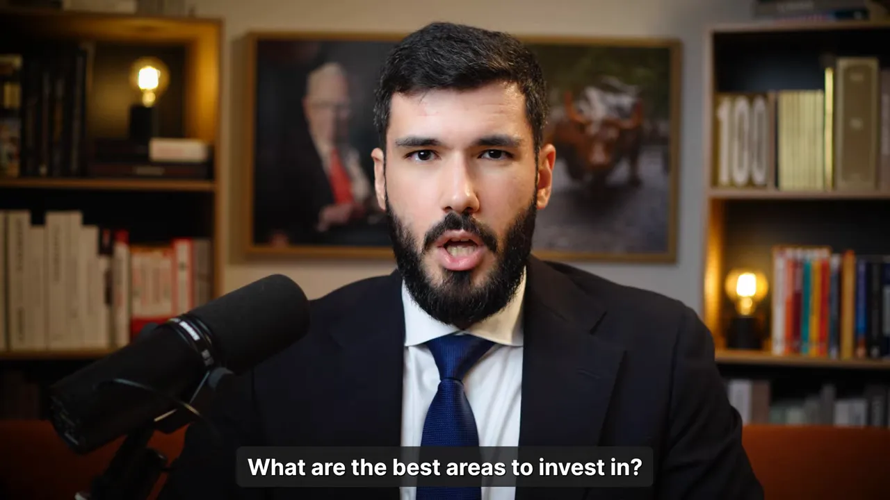 Presenter in a studio with on-screen subtitle 'What are the best areas to invest in?' and bookshelf background