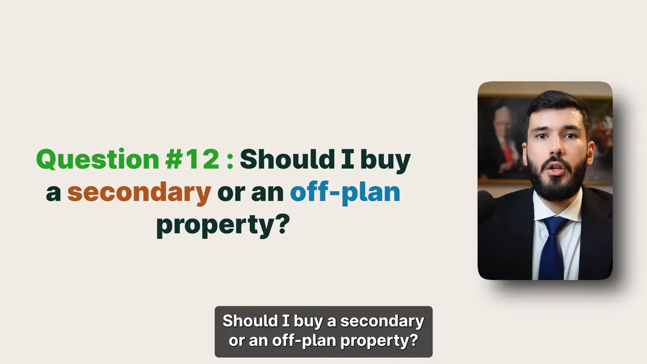 Presentation slide reading 'Question #12: Should I buy a secondary or an off-plan property?' with a small presenter thumbnail at right.
