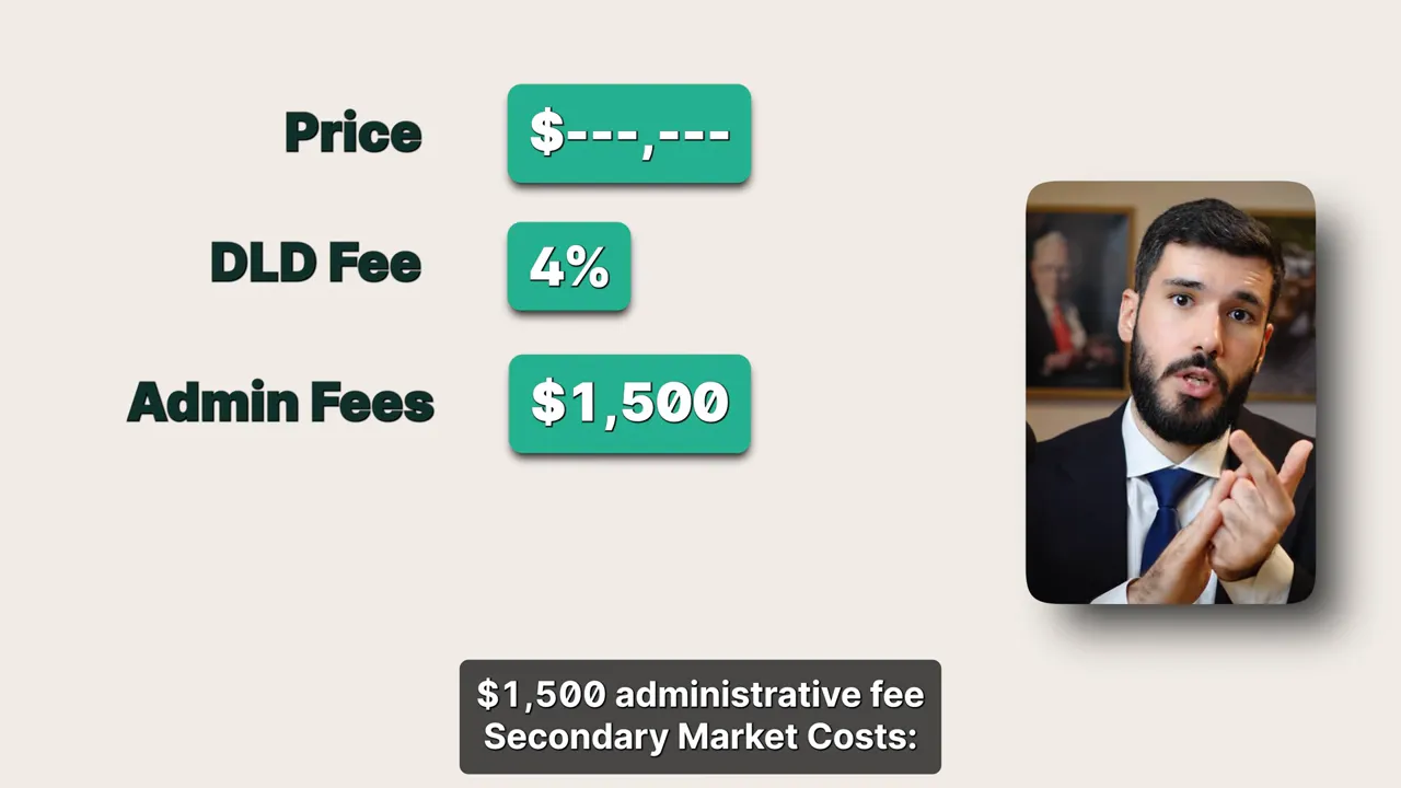 Infographic listing 'Price', 'DLD Fee 4%', and 'Admin Fees $1,500' with a presenter inset