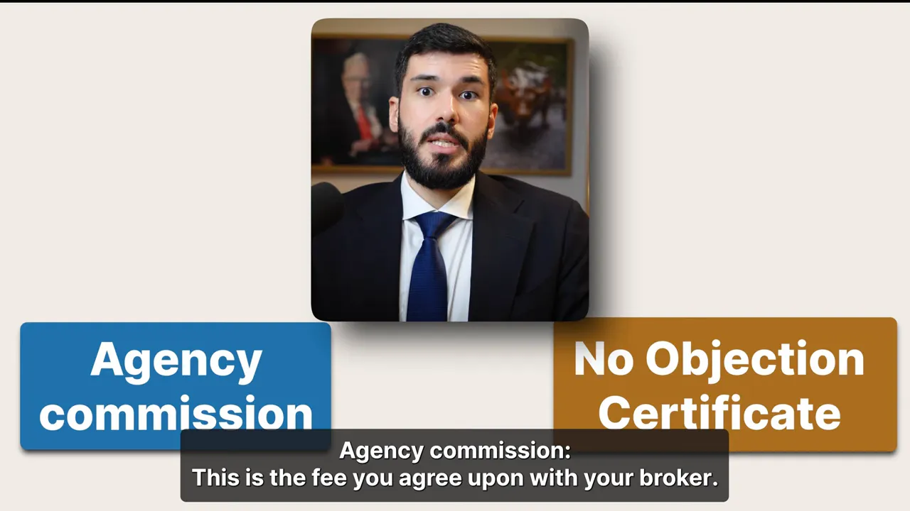 Infographic showing two boxes labeled 'Agency commission' and 'No Objection Certificate' with a presenter portrait above